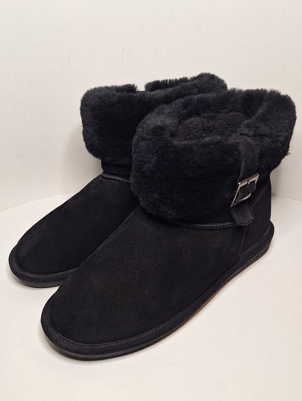 Bearpaw Abby Black Suede Buckle Shearling Ankle Winter Snow Boots Womens Size 10